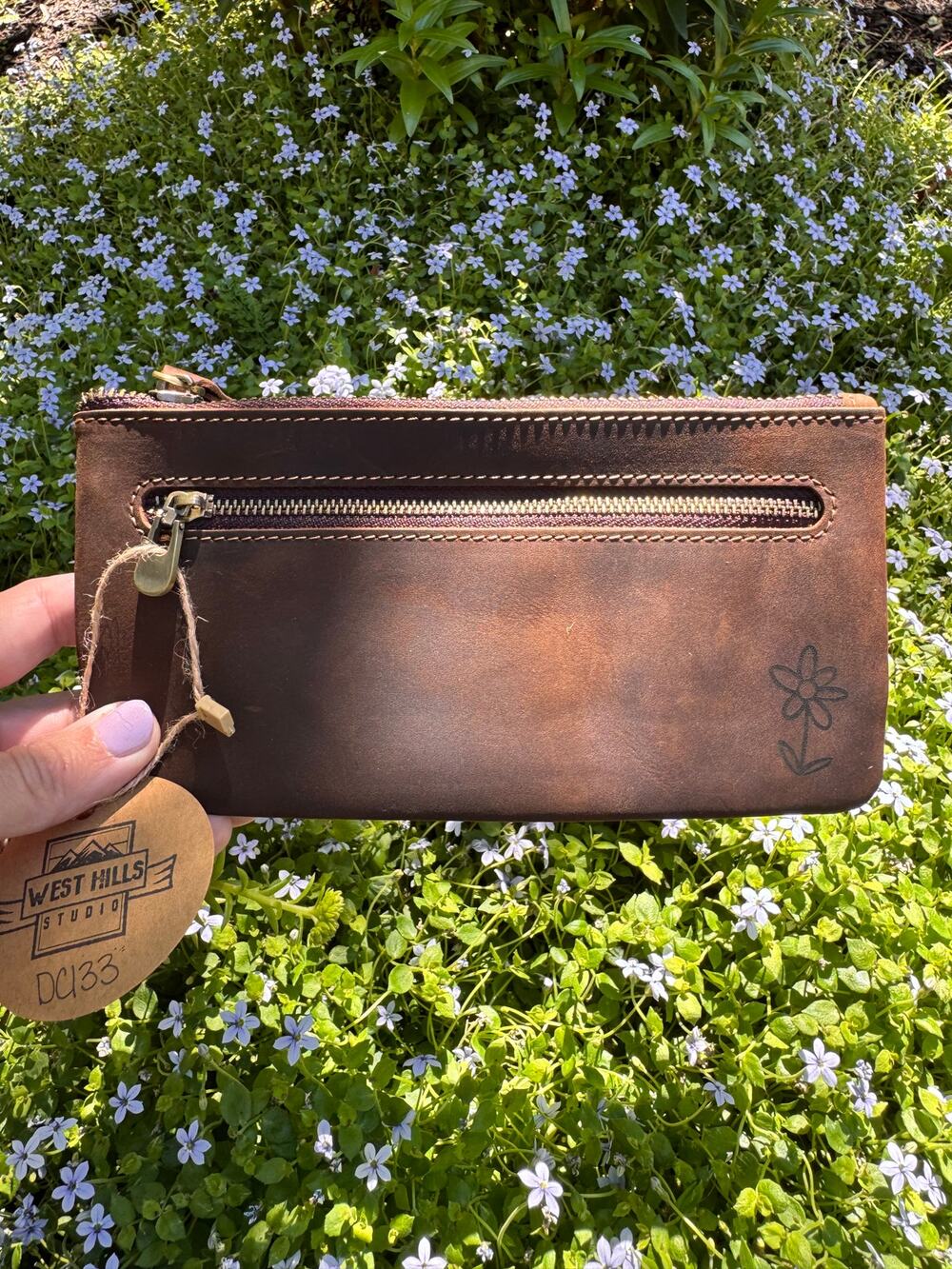 Genuine Leather Dark Grizzly Brown  Makeup Bag Artist Pouch Leather Wristlet Bag